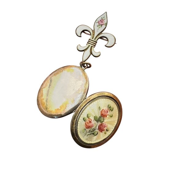 Antique Sterling Silver Yellow Guilloche Fleur De Lis Picture Locket Pin Brooch - Picture 7 of 7